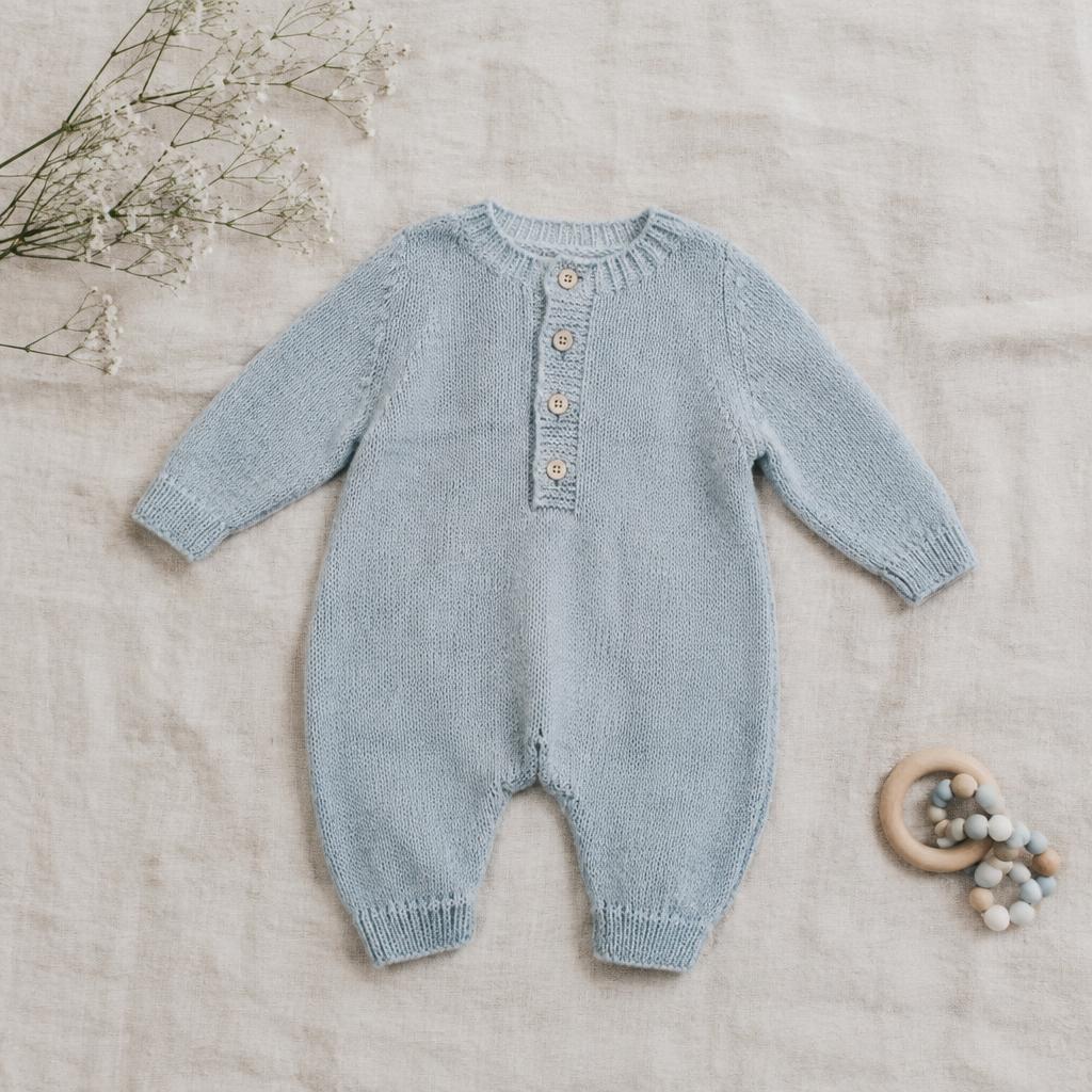 Babyheldragt Lyseblå — strikkeopskrift på baby i sport-garn, raglan