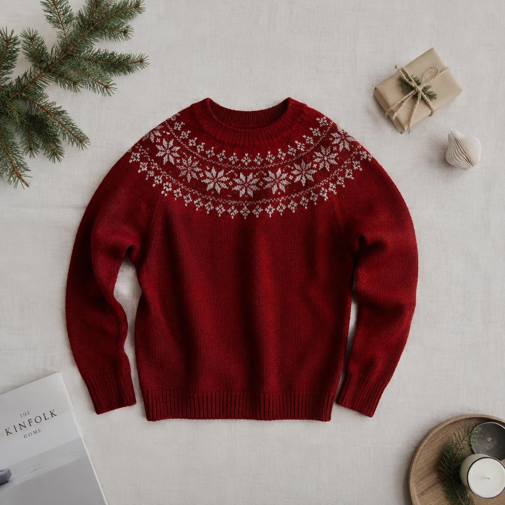 Julesnefnug Rød — strikkeopskrift på sweater i dk-garn, raglan