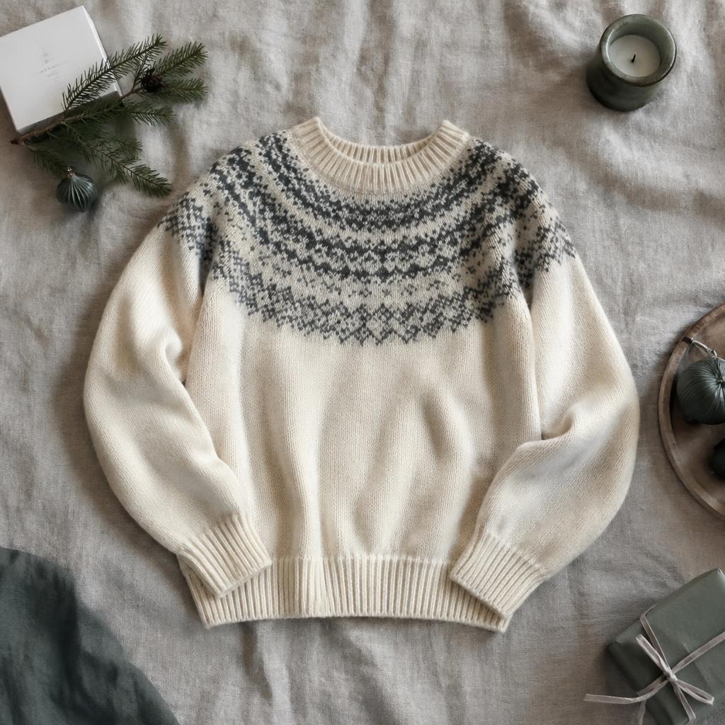 Creme Fair Isle Jul — strikkeopskrift på sweater i dk-garn, raglan